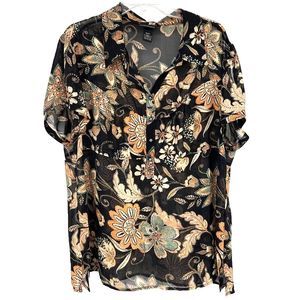 Lane Bryant Top Size 18/20 Short Sleeve Black Orange Floral Print Semi Sheer